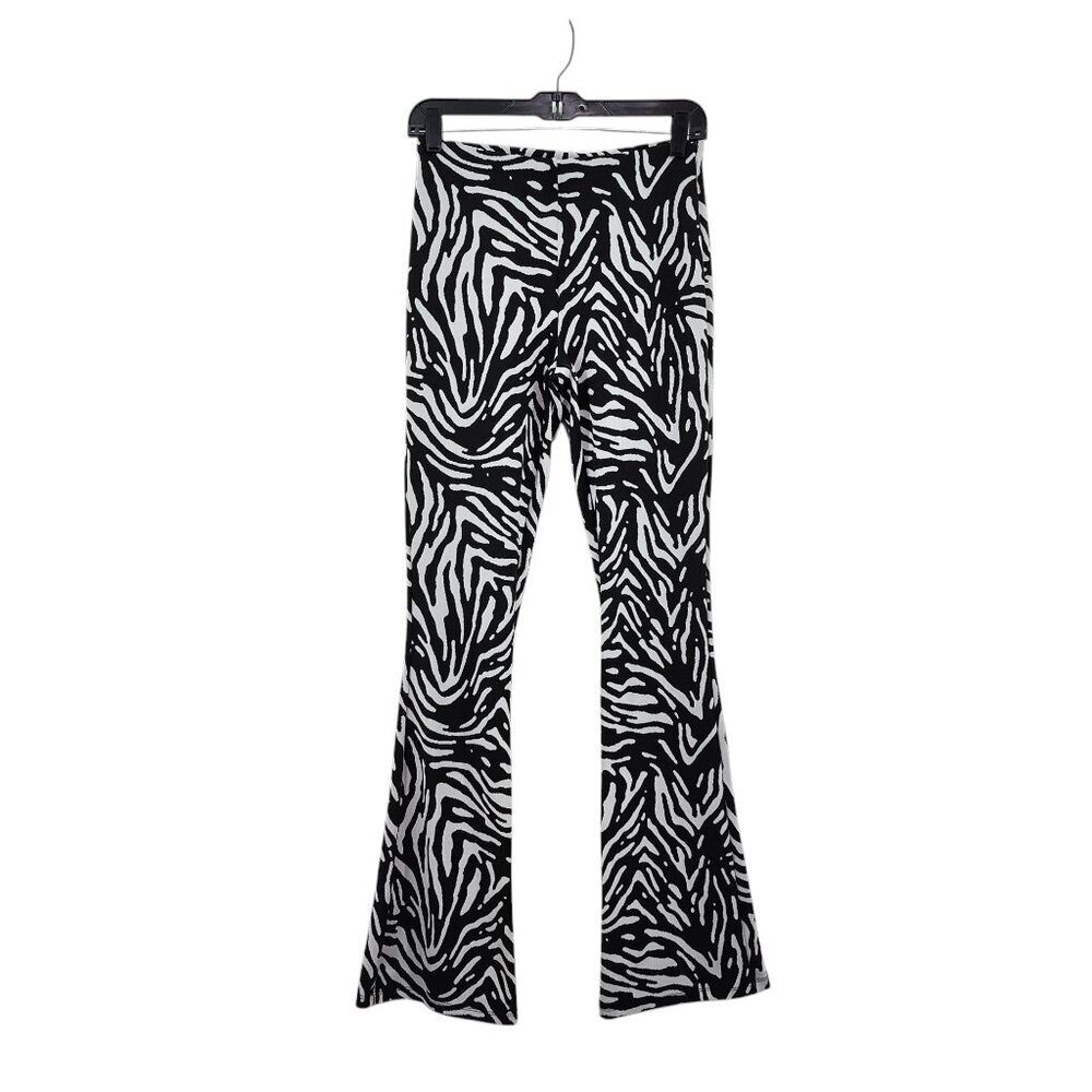 Zara Women's Zebra Print Flared Jacquard Trouser Pants White Black Sz M